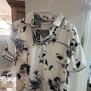 Botanical Print Polo Shirt - Black and White